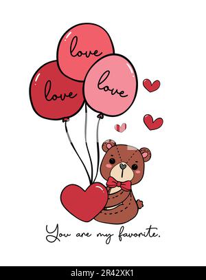 Süßer Innocence Teddybär mit roter Schleife Ballons kritzeln von Hand und zeichnen die Umrisse eines Zeichentrickzeichens isoliert auf weißem Hintergrund Stock Vektor