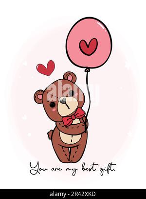 Der süße, romantische Teddybär trägt einen Ballon mit roter Schleife und einem Kritzelhand, der eine Zeichentrickfigur auf weißem Hintergrund zeichnet Stock Vektor
