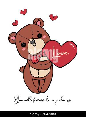 Der süße, romantische Teddybär trägt eine rote Schleife, ein Herz, eine Kritzelhand und zeichnet eine Zeichentrickfigur isoliert auf weißem Hintergrund Stock Vektor