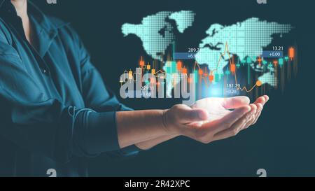 Investoren analysieren Wachstumsdiagramme und investieren in die Börse. Planung und Strategie für Börsenhändler oder Geschäftsfrau, die online zu Hause arbeitet. Stockfoto