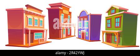 Wildwest-Retro-Gebäude-Straße in einem Cartoon-Vektorset der Altstadt. Westlicher Saloon und Bankhaus auf weißem Hintergrund. Abgelegenes, ländliches holzhotel in texas mit Fensterklisten, die eine Wildnis illustrieren. Stock Vektor