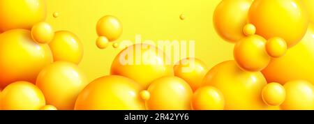 Hellgelber Hintergrund mit 3D Bällen. Vektor-realistische Darstellung glänzender Plastikkugeln, trendige Modeperlen, Wolken von Ballons, kreatives Muster für Bannervorlage, Sommerparty-Promo Stock Vektor