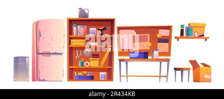Garagenausrüstungen für Zimmereiarbeiten und Reparaturarbeiten. Vektor-Cartoon-Innenausstattung der Werkstatt oder des Lagerraums, Satz von Bauwerkzeugen, Tisch, Regale und alter Kühlschrank isoliert auf weißem Hintergrund Stock Vektor