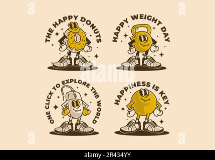 Maskottchen-Figur mit Donuts, Kurzhantel, Computermaus und Kugelkopf im aufgeblasenen Stil Stock Vektor