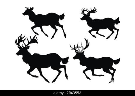 Wildhirsch-Vektordesign auf weißem Hintergrund. Silhouetten-Bundle-Design mit „Wild Walking and Running“-Design. Rentiere laufen Silhouetten-Set-Vektor. Buck läuft Stock Vektor