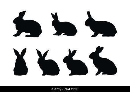 „Bunny“-Silhouette – Icon-Bundle-Design. Die Silhouetten-Kollektion mit niedlichem Kaninchen, das in verschiedenen Positionen springt. Süßes Kaninchen, das auf einem weißen Hinterhof steht Stock Vektor