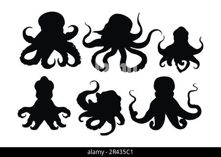 Oktopus mit Tentakeln in verschiedenen Positionen, Silhouetten-Set-Vektor. Große Kollektion aus Oktopus-Silhouetten auf weißem Hintergrund. Meeresbewohner mögen Octo Stock Vektor