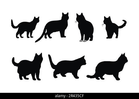 „Wild cats Standing“-Silhouette-Set-Design. Vektorkollektion „Fellkatzensilhouette“ auf weißem Hintergrund. Katze im Stehen und Sitzen. Hauskatze schwarz an Stock Vektor