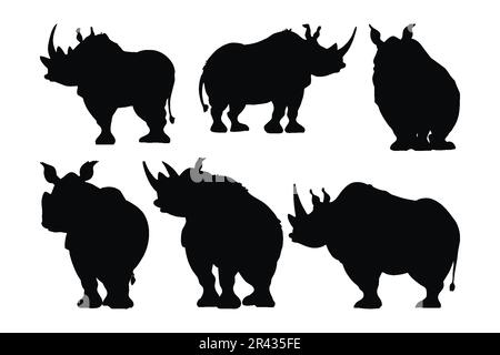 Rhino steht in verschiedenen Positionen, Silhouette setzt Vektor. Silhouette-Kollektion für Erwachsene mit Nashorn-Motiv auf weißem Hintergrund. Wilde, gefährliche Tiere mögen Hüfte Stock Vektor