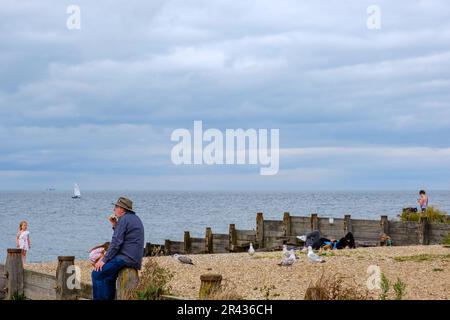 Der Mann sitzt auf einer hölzernen Grube am Strand und isst Eis mit Blick auf das Meer. Whitstable Beach, Nordosten von Kent, England, Großbritannien. Stockfoto