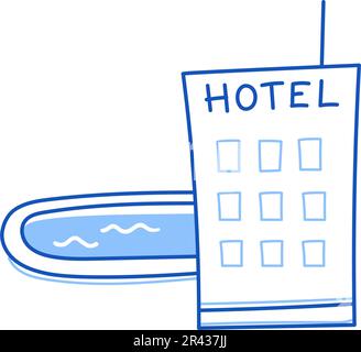 Hotelgebäude-Doodle. Handgezeichnetes Hotelgebäude im Doodle-Stil. Isoliertes Element mit blauer Stiftlinie. Sommerreisen, Wasserkonzept. Vektordarstellung. Stock Vektor