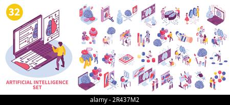 Isometrisches neuronales Netz künstliche Intelligenz, großes Set mit isolierten Ikonen futuristischer Technologien und Vektordarstellung menschlicher Charaktere Stock Vektor