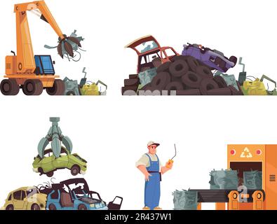 Cartoon-Ikonen mit zerquetschten Autos, isolierter Vektordarstellung Stock Vektor