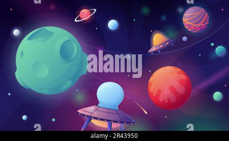 Komposition im Space-Cartoon-Stil mit Neon-leuchtender Weltraumlandschaft und farbenfrohen Planeten mit fliegender ufo-Vektordarstellung Stock Vektor