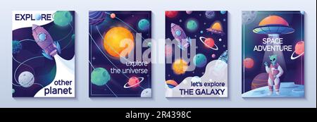 Space Cartoon Banner Set mit vier vertikalen Postern mit Text zur Erkundung des Universums und Space Adventure Bilder Vektordarstellung Stock Vektor