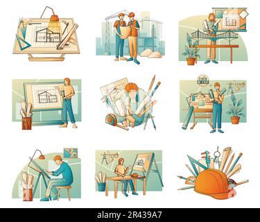 Architekten und Bauingenieure setzen sich aus neun isolierten Zusammensetzungen zusammen, die Arbeitsbereiche von Konstrukteuren und Arbeitern darstellen Stock Vektor