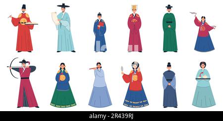 Königliche Familie mit zwölf flachen, isolierten menschlichen Figuren in traditionellen mittelalterlichen Kostümen der koreanischen Kulturvektordarstellung Stock Vektor