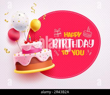 Happy Birthday Text Vector Design. Geburtstagskuchen und Ballon mit Happy Birthday im roten Kreis. Grußkarte zur Vektordarstellung. Stock Vektor