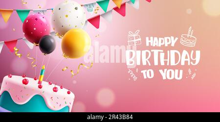 Geburtstagstext-Vektordesign. Happy Birthday Gruß-Typografie mit Kuchen und bunten Ballons auf pinkfarbenem Hintergrund. Einladung zur Vektordarstellung Stock Vektor