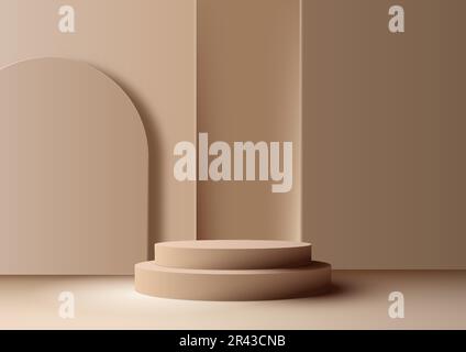 3D realistischer, moderner Podiumständer in Beige mit geometrischem rechteckigem Hintergrund auf braunem Hintergrund und natürlichem Licht. Du kannst es als Verehrer benutzen Stock Vektor