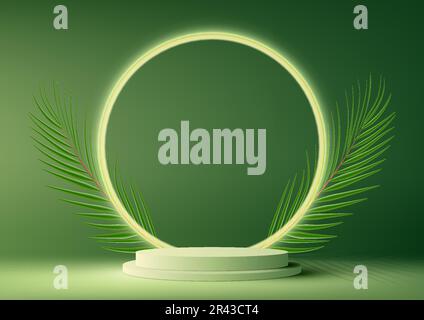 3D realistisch-modernes grünes Podium mit kreisförmigem Hintergrund und tropischen Palmenblättern auf grünem Hintergrund. Produktausstellung für Kosmetik, Ausstellungsraum Stock Vektor