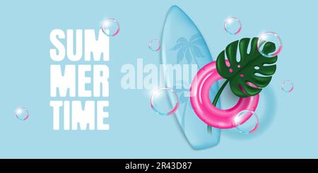 Sommerbanner mit Surfbrett, aufblasbarem Ring, Monstera Leaf und Seifenblasen. Vektordarstellung im 3D-Stil Stock Vektor