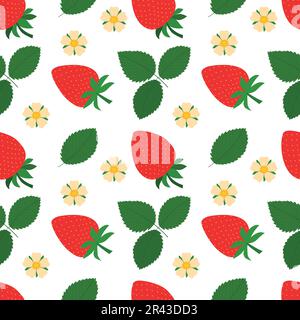 Nahtlose Überträger-Erdbeerblumen. Sich wiederholender Hintergrund mit Sommerfrüchten auf Weiß. Zur Verwendung für Stoff, Geschenkverpackung, Verpackung. Stock Vektor