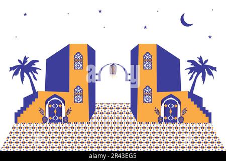 Marokkanische minimalistische Designszene, Haus, Tür, Treppe und traditionelles Mosaikmuster. Islamische Fenster- und Anschnittform festgelegt. Stock Vektor