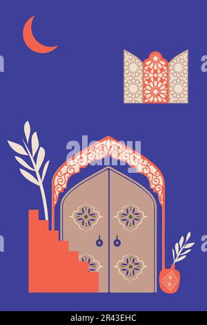 Minimalistischer und islamischer Stil. Marokkanische Szene. Ein marokkanischer Palast, Türen, Fenster und traditionelle Handwerkskunst. Vektordarstellung. Stock Vektor