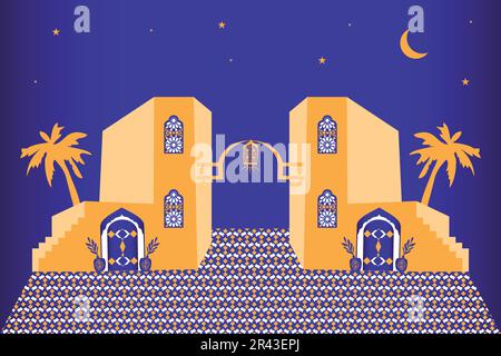 Marokkanische minimalistische Designszene, Haus, Tür, Treppe und traditionelles Mosaikmuster. Islamische Fenster- und Anschnittform festgelegt. Stock Vektor