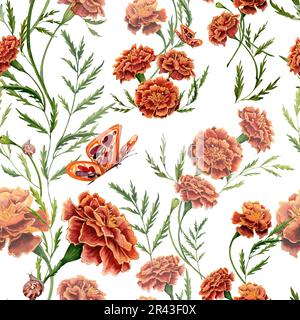 Nahtloses Muster mit handgezeichneten Marigold-Blüten, grünen Blättern und Schmetterlingen auf weißem Hintergrund Stockfoto