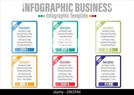 Prozesskonzept mit sechs 6 aufeinanderfolgenden Schritten. Sechs farbenfrohe Grafikelemente. Zeitleistendesign für Broschüren, Präsentationen, Websites. Beschreibung der Infografik Stock Vektor