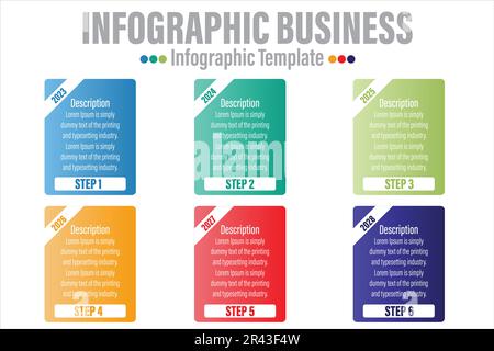 Prozesskonzept mit sechs 6 aufeinanderfolgenden Schritten. Sechs farbenfrohe Grafikelemente. Zeitleistendesign für Broschüren, Präsentationen, Websites. Beschreibung der Infografik Stock Vektor