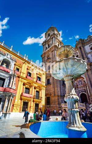 Andalusien Spanien. Plaza del Obispo. Der Brunnen und die Kathedrale Stockfoto