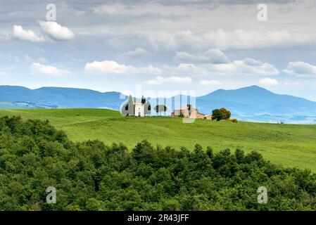 SAN QUIRICIO TOSKANA, ITALIEN - MAI 22 : Kapelle von Vitaleta auf dem Kamm eines Hügels in der Nähe von San Quiricio, Toskana am 22. Mai 2013 Stockfoto