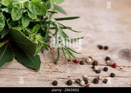 Frische Küchenkräuter in Bündeln, bestehend aus Thymian, Lorbeerblatt, Salbei und Rosmarin Stockfoto