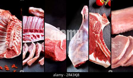 Verschiedene rohe Fleischstücke, Kalbfilet, Kalbfleisch, Schweinekotelett, Kalbfleisch-Rippe auf schwarzem Steinhintergrund. Stockfoto