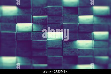 Futuristische 3D Illustration des Designs von Quadraten, Rechtecken und geometrischen Formen. Leuchtende Neonlichter und glänzende, glatte Textur.Abstraktes Bild des Würfels Stockfoto
