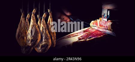 Spanischer íberic-Schinken. Spanischer Jamon und traditionelle Speisen. Trockener spanischer Schinken, Jamon Serrano, Bellota, italienischer Prosciutto Crudo oder Parmaschinken. Stockfoto