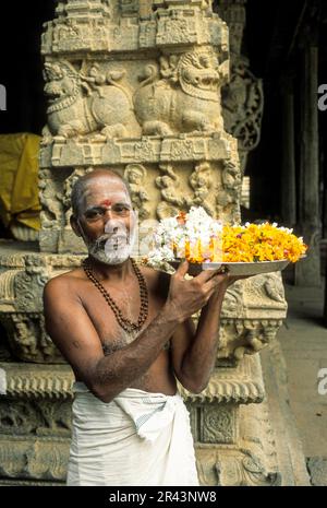 Ein Liebhaber mit Blume im Bhuvaraha Vishnu Tempel gewidmet dem Eber bei Srimushnam in der Nähe von Virudhachalam, Tamil Nadu, Südindien, Indien, Asien Stockfoto