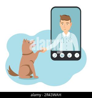 Vektordarstellung mit einem Tierarzt und einem glücklichen Hund, der eine Pfote gibt. Smartphone mit einem Online-Arzt, der einem Haustier hilft. Online Stock Vektor
