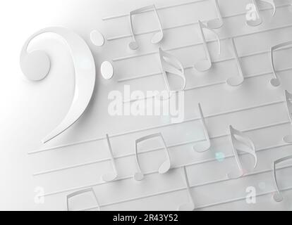 Abstraktes Konzept von Symphonie und klassischer Musik. Bassklammer und Notenblatt in Weiß. Stockfoto