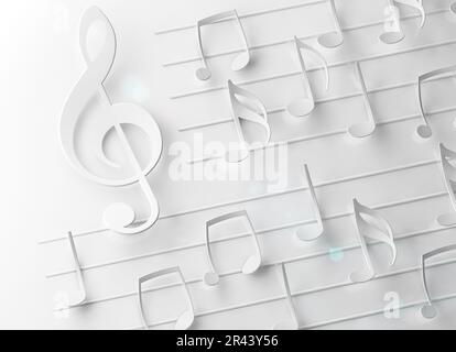 Abstraktes Konzept von Symphonie und klassischer Musik. Höhenknoten und Notenblatt in Weiß. Stockfoto