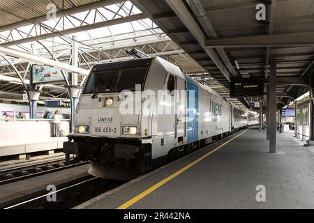 Brüssel, Belgien. 26. Mai 2023. Das Bild zeigt die Ankunft des europäischen Nachtzugs, der Brüssel, Amsterdam und Berlin verbindet, am Freitag, den 26. Mai 2023, am Bahnhof Brüssel Süd/Bruxelles-Midi/Brussel Zuid. BELGA FOTO JAMES ARTHUR GEKIERE Kredit: Belga News Agency/Alamy Live News Stockfoto