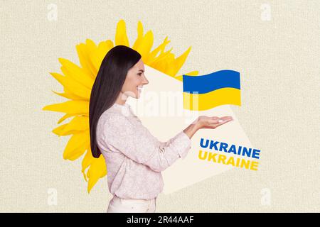 Poster-Banner-Collage mit jungen Damen demonstrieren ukrainische Flagge Unterstützung ukraine Stopp-Krieg-Konzept Stockfoto