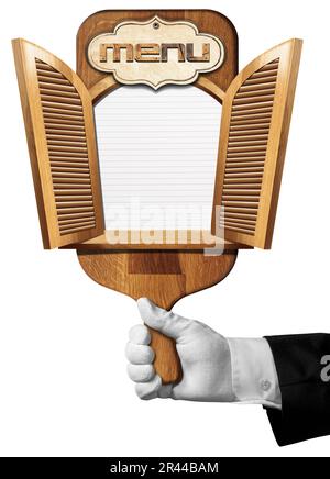 Hand eines Kellners oder Kochs mit weißem Arbeitshandschuh mit einem alten Holzschneidebrett und einem offenen Fenster mit Kopierbereich. Isoliert auf weißem Hintergrund. Stockfoto