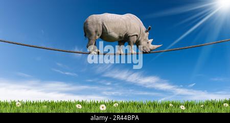 Riesiges weißes Nashorn (Nashorn), das auf einem Stahlseil (Seil) über einer grünen Wiese mit Gänseblümchen läuft, vor einem klaren blauen Himmel mit Wolken und Sonnenbalken Stockfoto