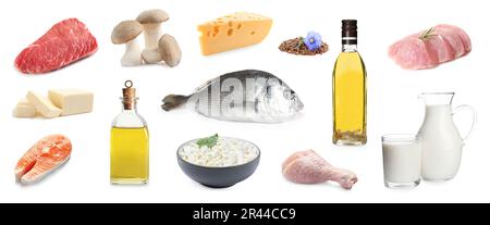 Gesunde Ernährung. Set mit vielen verschiedenen Produkten auf weißem Hintergrund Stockfoto