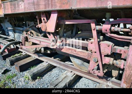 Nahaufnahme mit rostigen, alten Lokomotivrädern Stockfoto