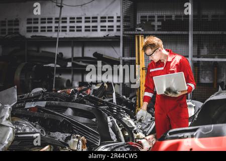 Ein alter Lagermitarbeiter für Gebrauchtwagenteile, der den Bestand in der Garage überprüft. Mitarbeiter, die in der Verwaltung von Autoteilen für den Recycling-Schrottplatz arbeiten. Stockfoto